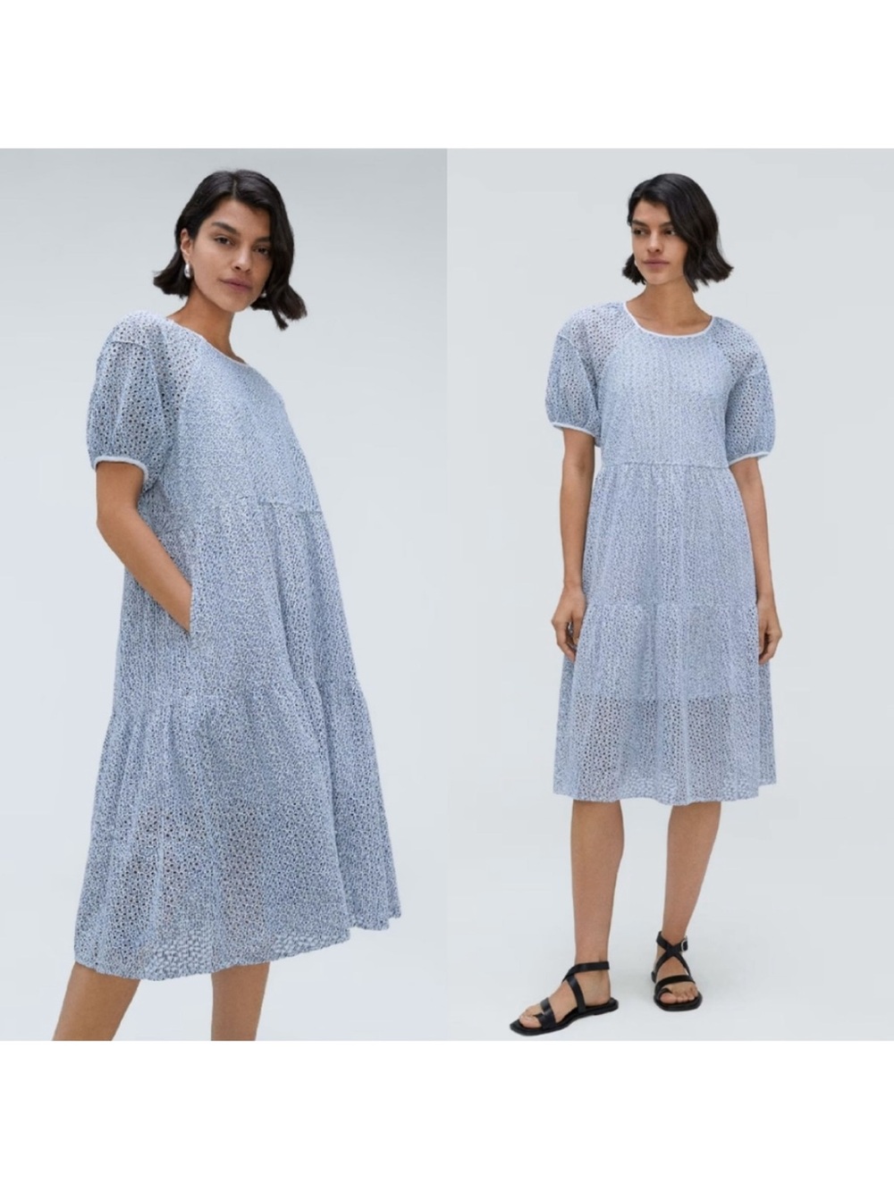 Everlane the Tiered Eyelet MIDI Dress in Blue Stripe